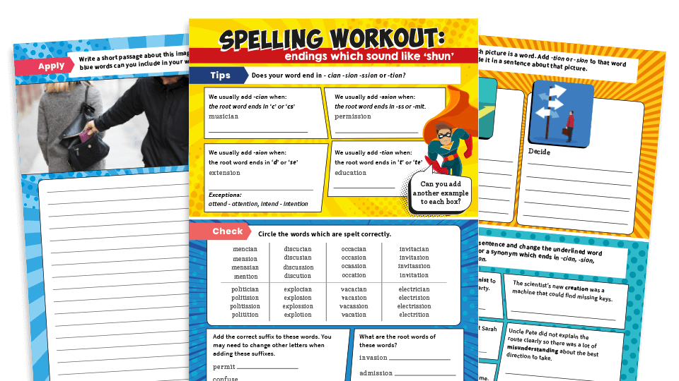 image of Year 3 and 4 Word Endings that Sound like ‘shun’ Worksheets – KS2 Spelling Workout