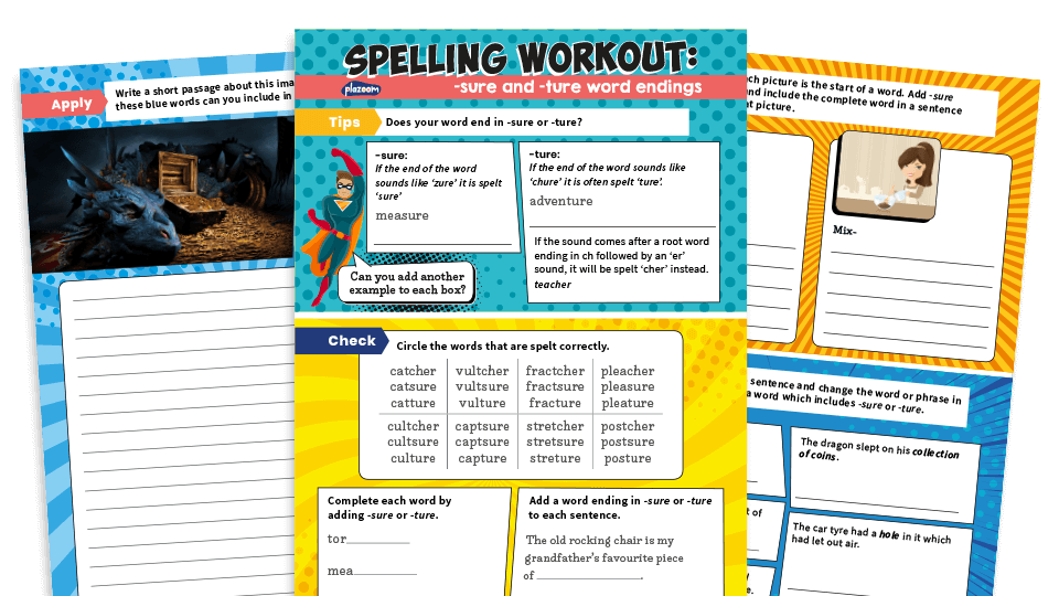 image of Year 3 and 4 Words Ending in ‘-sure’ or ‘-ture’ Worksheets – KS2 Spelling Workouts