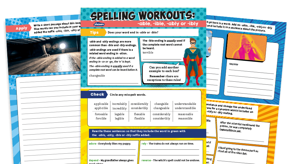 image of Year 5 and 6 Spelling Words: Suffixes -able, -ible, -ably and -ibly - KS2 Spelling Workout Worksheets