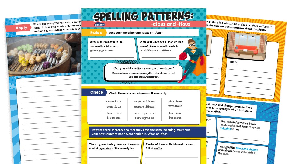 image of KS2 Spelling Worksheet – ‘-cious’ and ‘-tious’ words