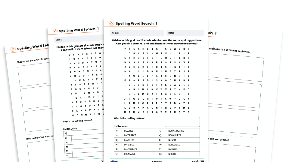 image of Year 4 Spelling Patterns Worksheets – KS2 Word Search Revision Pack