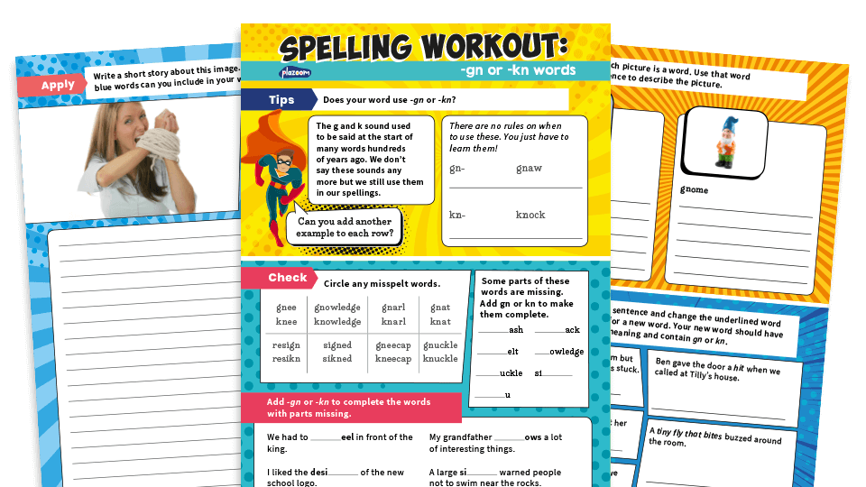 image of Year 2 ‘gn’ and ‘kn’ Words Spelling Worksheets – KS1 SPaG Workouts