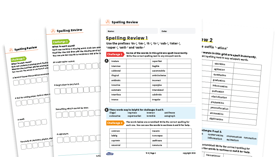 image of Year 4 Spelling Revision Worksheets – KS2 Challenge Sheets