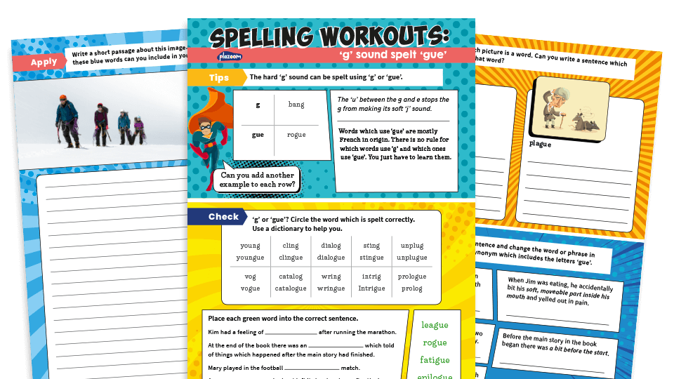 image of Year 3 and 4 ‘g’ Sound Spelt ‘gue’ Worksheets – KS2 Spelling Workouts