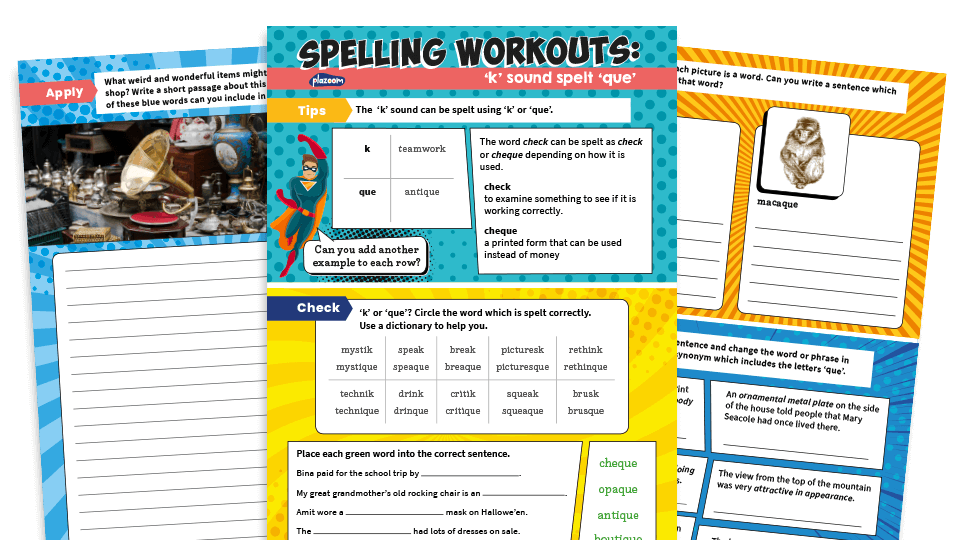 image of Year 3 and 4 ‘k’ Sound Spelt ‘que’ Worksheets – KS2 Spelling Workouts