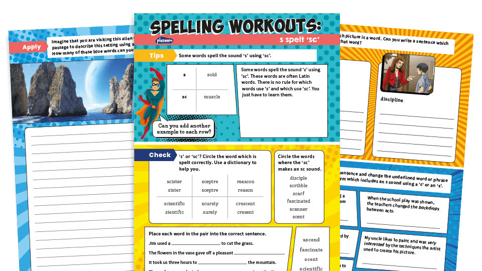 image of Year 3 and 4  ‘s’ Sound Spelt ‘sc’  Worksheets – KS2 Spelling Workouts