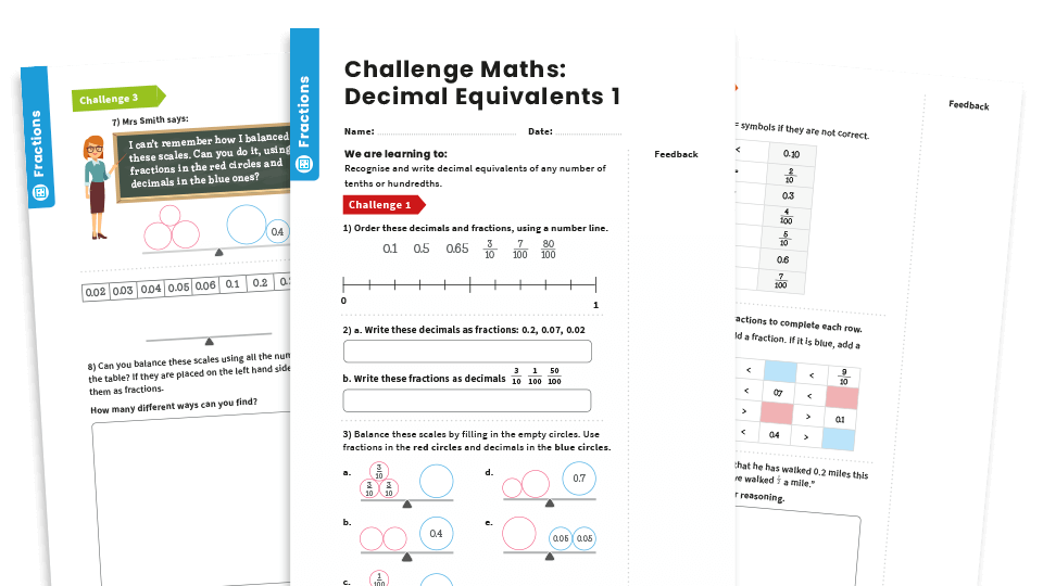 image of Decimal Equivalents – Tenths and Hundredths: Year 4 – Fractions – Maths Challenge