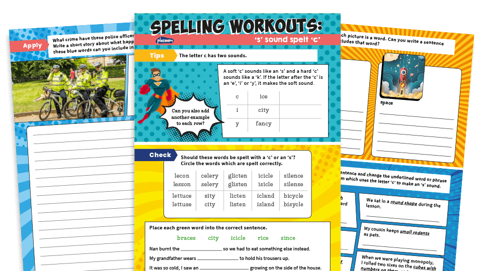 image of Year 2 ‘s’ Sound Spelt ‘c’ Spelling Worksheets – KS1 SPaG Workouts