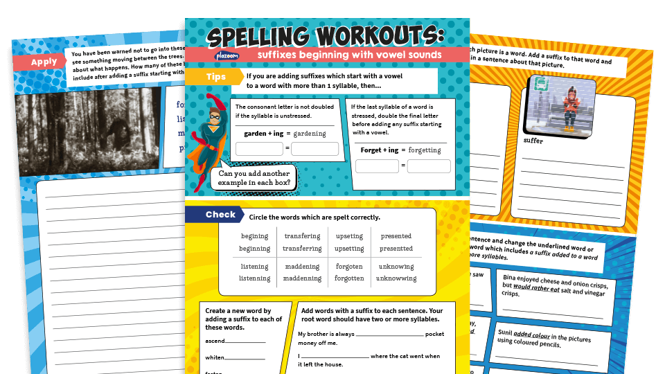 image of Adding Suffixes to Words with More Than One Syllable Y3 and Y4 Spelling Worksheets Pack