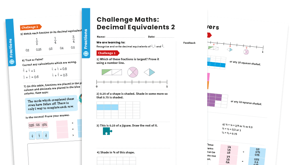 image of Decimal Equivalents – Halves and Quarters: Year 4 – Fractions – Maths Challenge