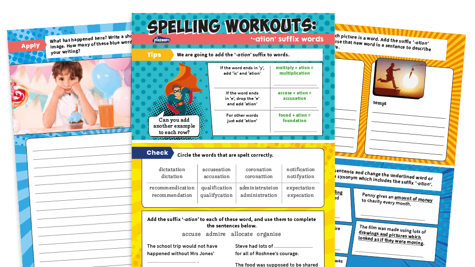 image of -ation Suffix Year 3/4 Spelling Worksheets Pack