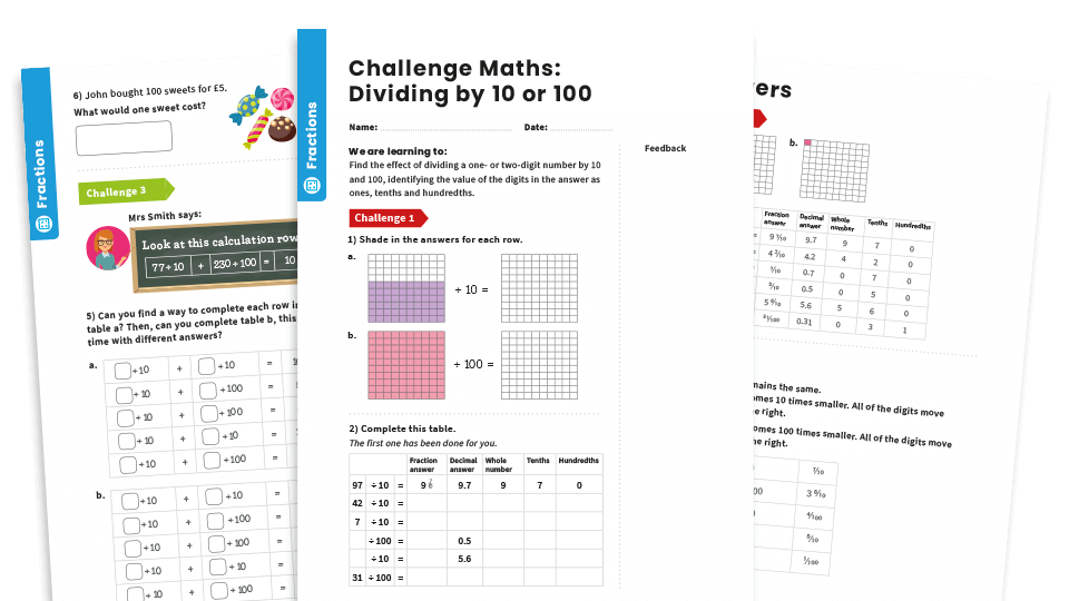 image of Dividing by 10 or 100: Year 4 – Fractions – Maths Challenge