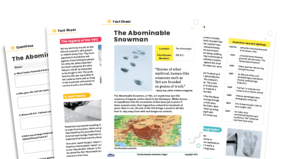 image of The Abominable Snowman – KS2 Reading Comprehension Worksheets: Unexplained Mysteries