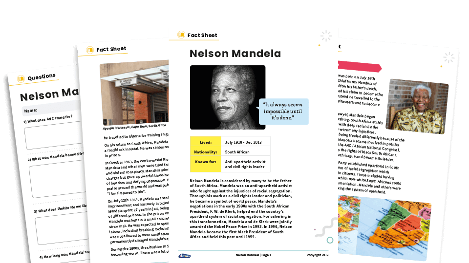 image of Nelson Mandela KS2 Non-fiction Reading Comprehension Worksheets Pack – Famous Lives