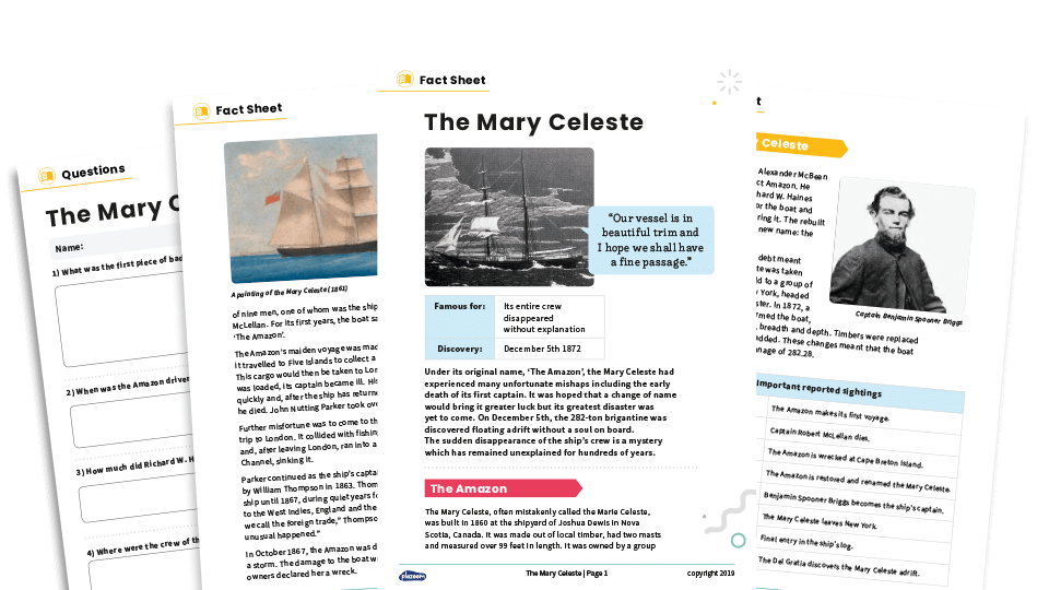 image of The Mary Celeste – KS2 Reading Comprehension Worksheets: Unexplained Mysteries