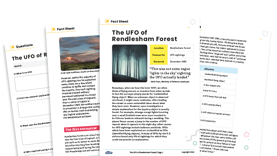 image of The UFO of Rendlesham – KS2 Reading Comprehension Worksheets: Unexplained Mysteries