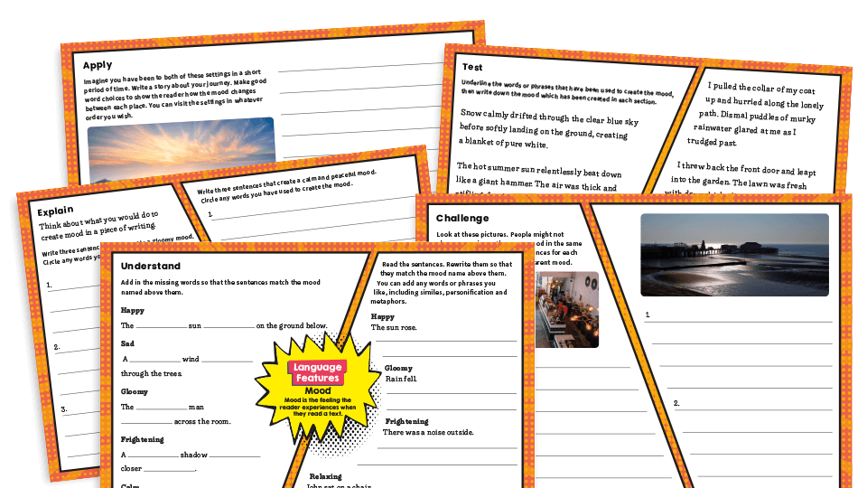 image of Creating Mood – KS2 Writing Features Challenge Mat Worksheets
