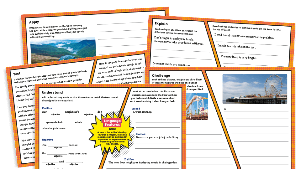 image of Creating Tone – KS2 Writing Features Challenge Mat Worksheets
