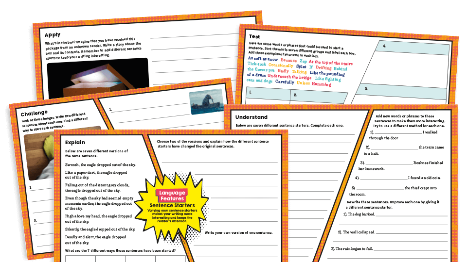 image of Varying Sentence Starters – KS2 Writing Features Challenge Mat Worksheets