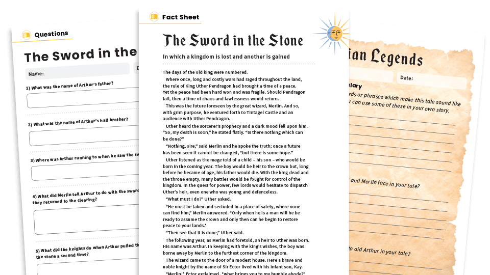image of The Sword In The Stone – KS2 Reading Comprehension Worksheets: Myths and Legends