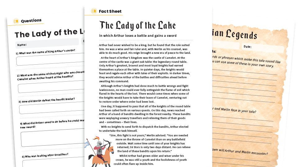 image of The Lady of the Lake – KS2 Reading Comprehension Worksheets: Myths and Legends