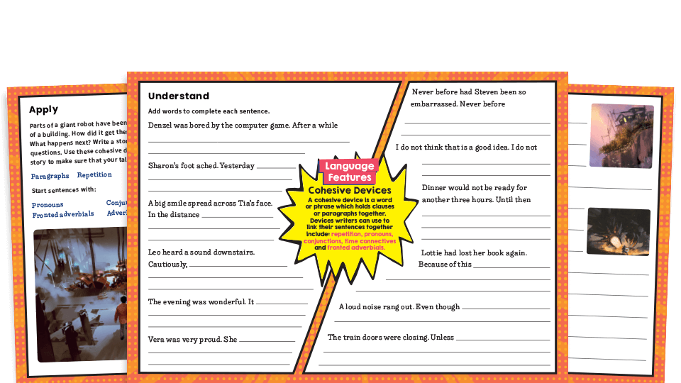 image of Cohesive Devices – KS2 Writing Features Challenge Mat Worksheets