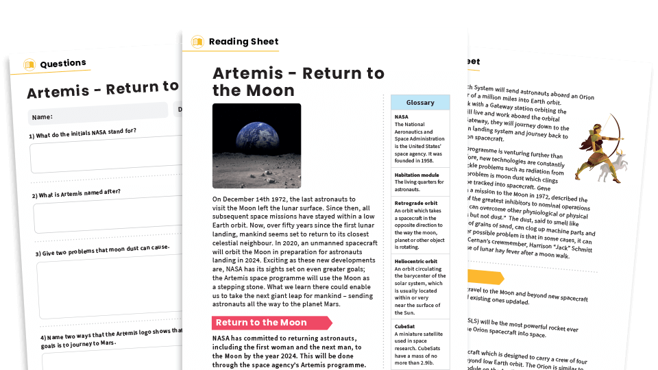 image of Artemis: Return to the Moon KS2 Non-fiction Reading Comprehension Worksheets Pack – Space