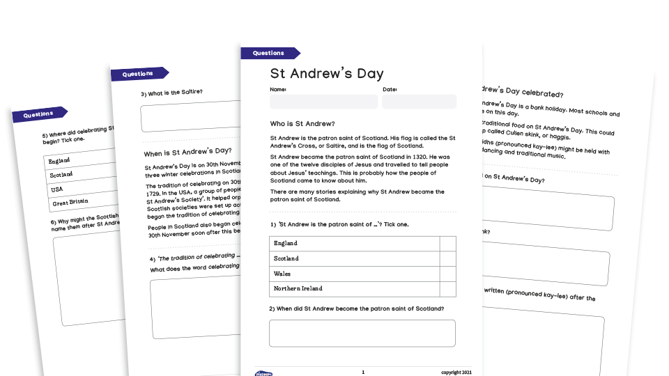 image of St Andrew’s Day - KS1 Comprehension text and Worksheets