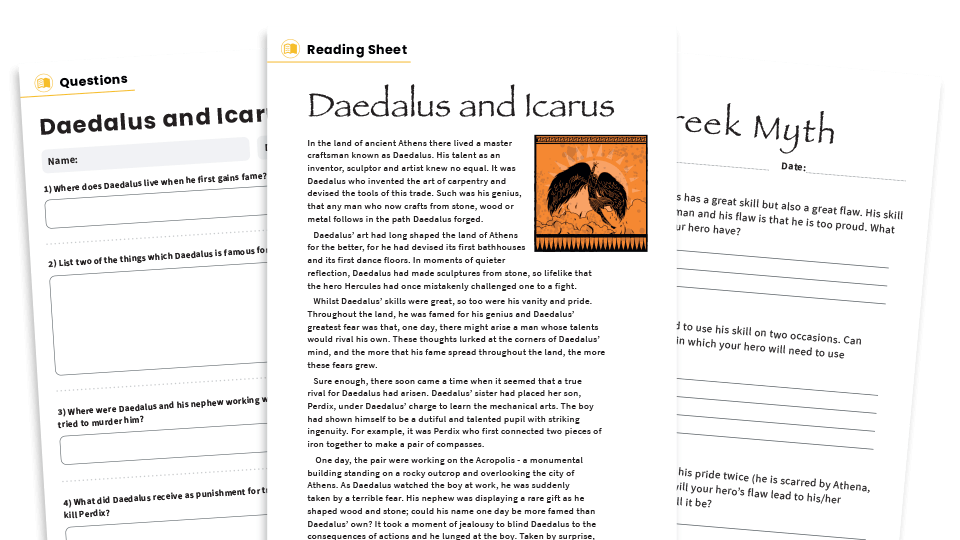 image of Daedalus and Icarus – KS2 Reading Comprehension Worksheets: Greek Myths