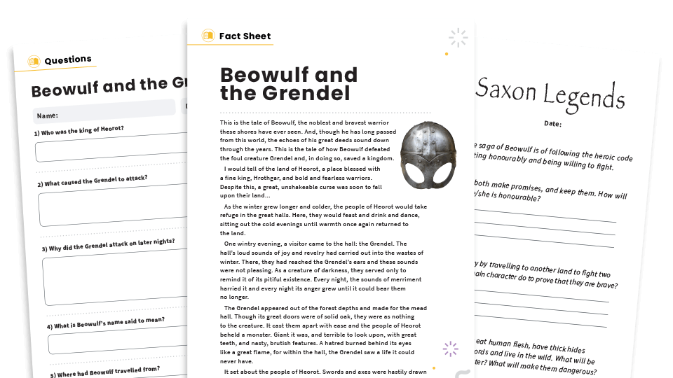 image of Beowulf and Grendel – KS2 Reading Comprehension Worksheets: Anglo Saxon Myths and Legends