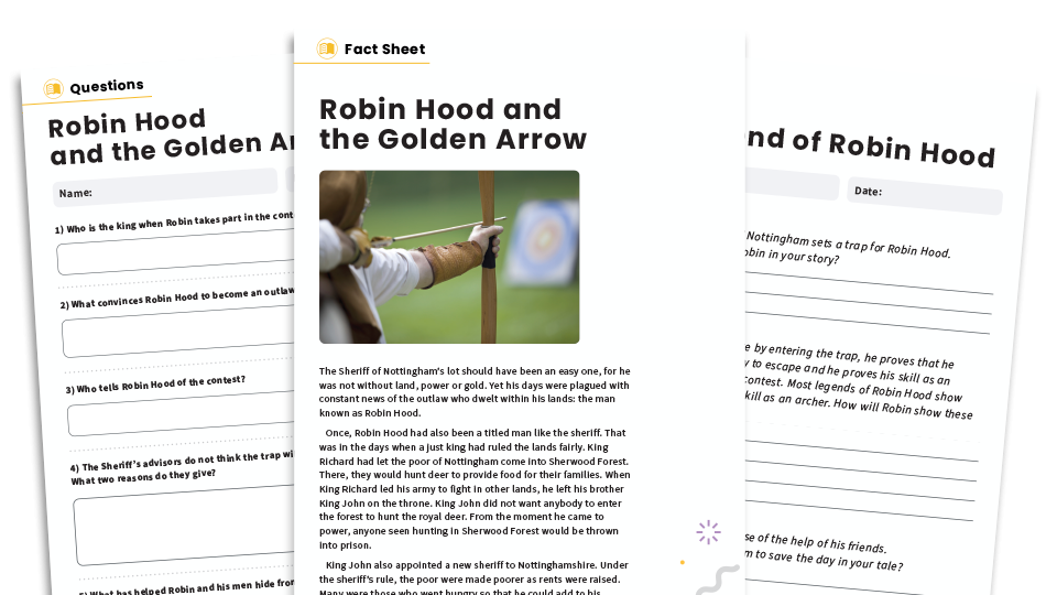image of Robin Hood and the Golden Arrow – KS2 Reading Comprehension Worksheets: Myths And Legends