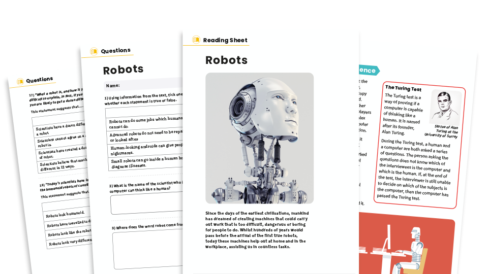 image of Robots – KS2 Non-fiction Model Text and Reading Comprehension Worksheets Pack