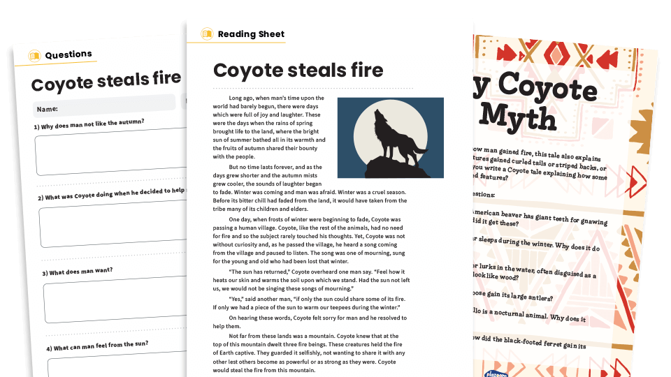 image of How Coyote Stole Fire – KS2 Reading Comprehension Worksheets: Native American Myths
