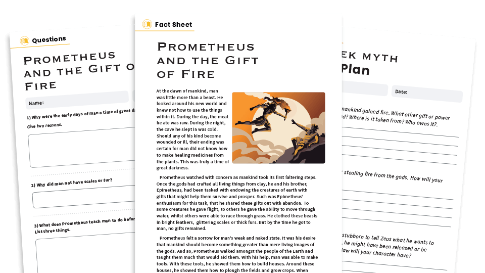 image of Prometheus and the Gift of Fire – KS2 Reading Comprehension Worksheets: Greek Myths