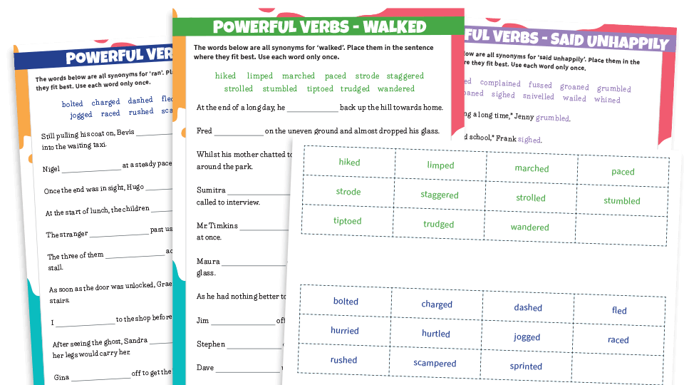 image of Ordering Powerful Verbs KS2 Synonyms Worksheet Pack
