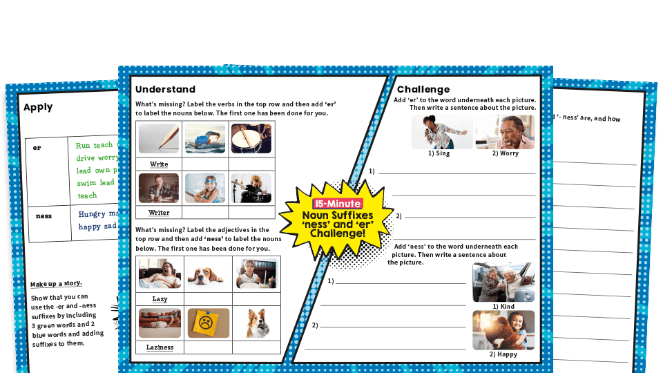 image of -ness and -er Year 2 Suffix Worksheets