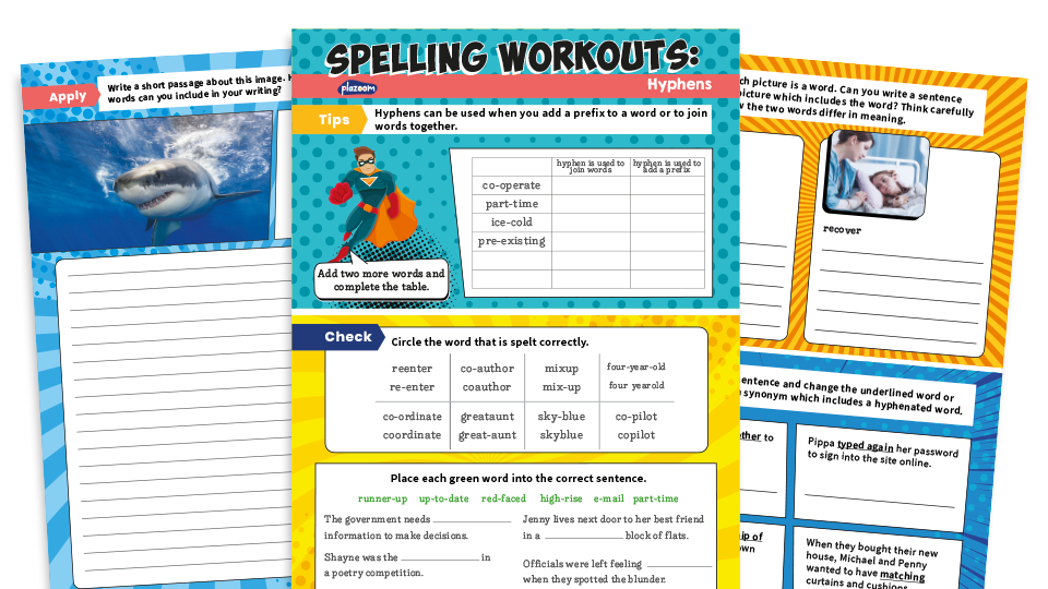 image of Year 5 and 6 Hyphens Spelling Worksheets