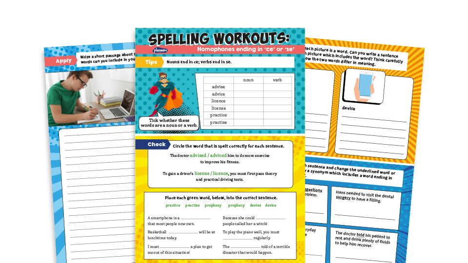 image of Year 5 and 6 Spelling Words: Homophones Ending in ‘-se’ and ‘-ce’ – KS2 Spelling Workouts Worksheets