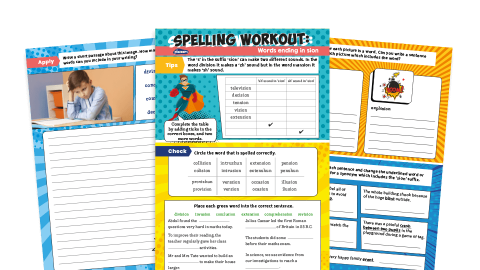 image of Words Ending in Sion – KS2 Spelling Worksheets