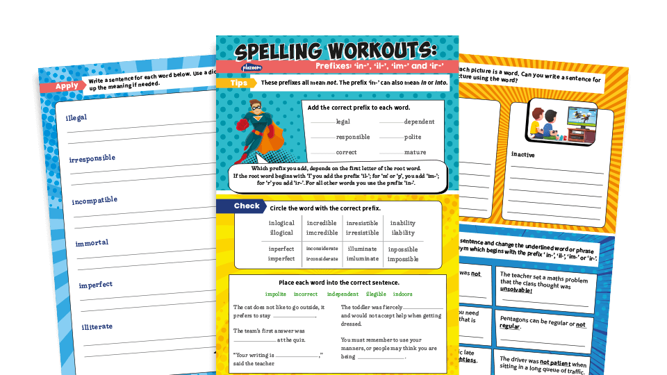 image of in- il- im- and ir- Prefixes Year 3 and 4 Spelling Worksheets