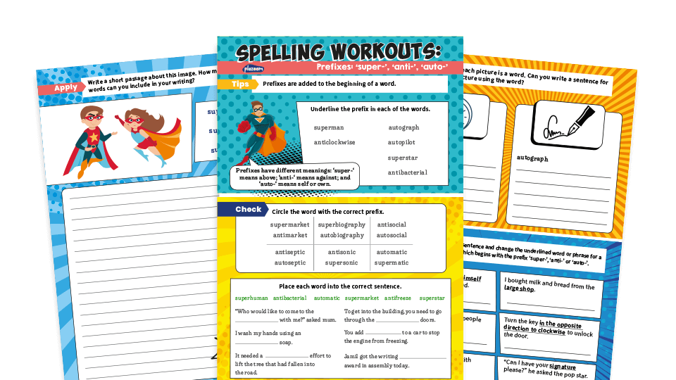 image of super- anti- and auto- Prefixes Year 3 and 4 Spelling Worksheets