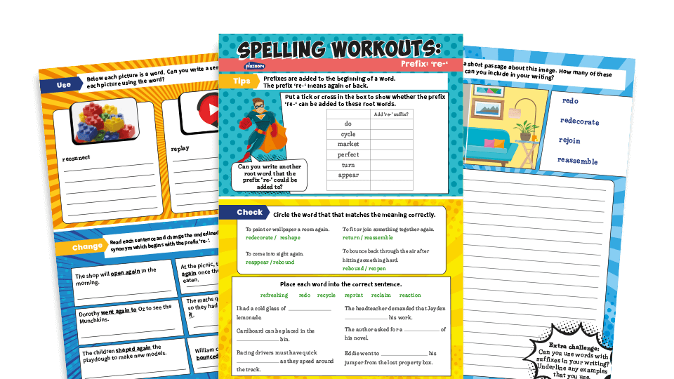 image of re- Prefix Year 3 and 4 Spelling Worksheets