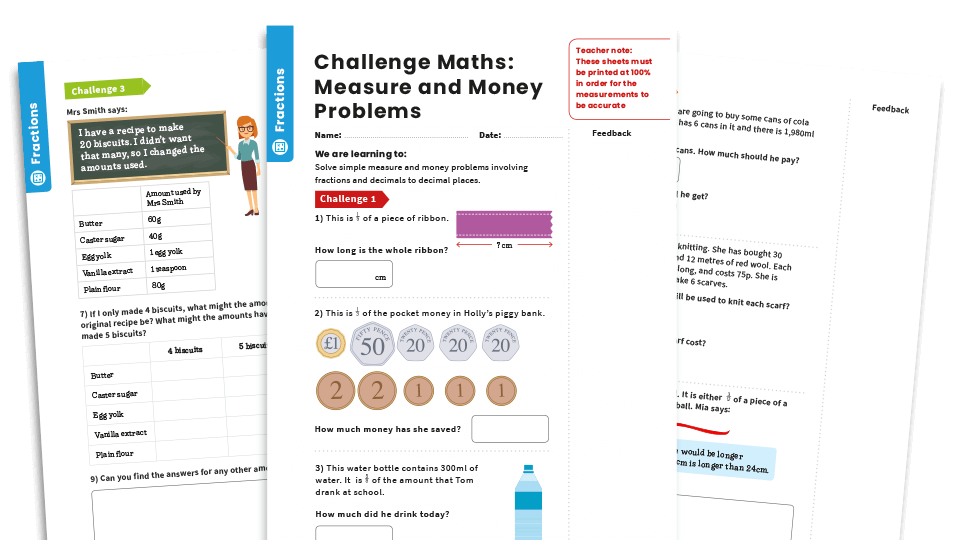 image of Measure and Money Problems: Year 4 – Fractions – Maths Challenge