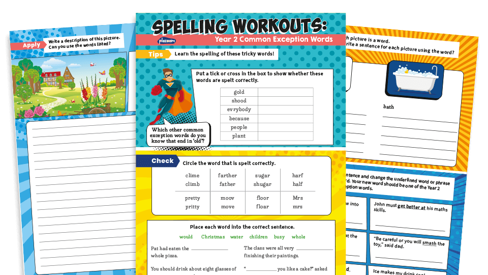 image of Year 2 Common Exception Words Spelling Worksheets Pack 1