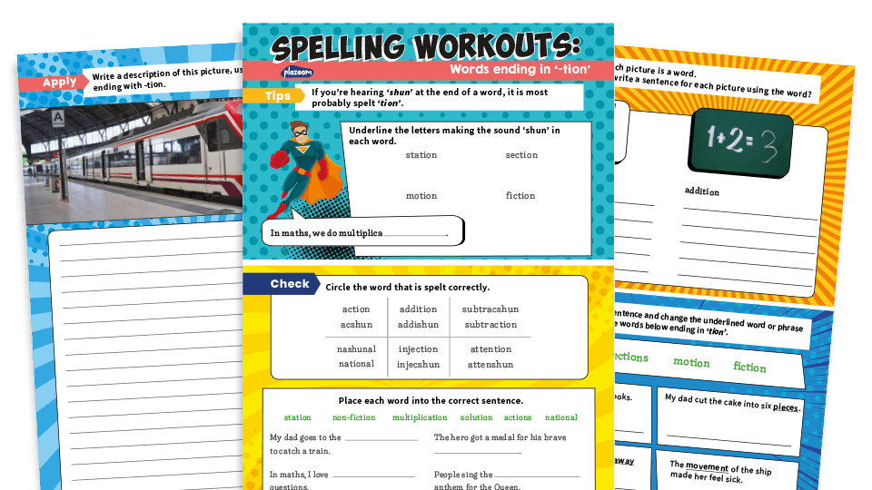 image of Year 2 Words Ending in -tion Spelling Worksheets – KS1 SPaG Workouts