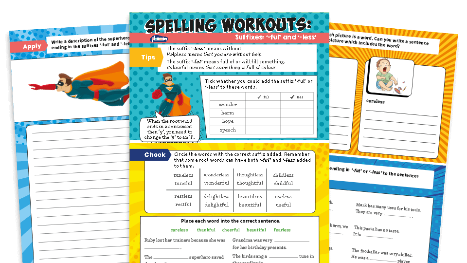 image of -ful and -less Suffix Year 2 Spelling Worksheets