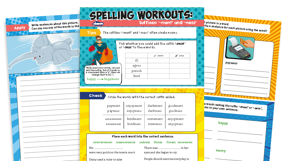 image of -ness and -ment Suffix Year 2 Spelling Worksheets
