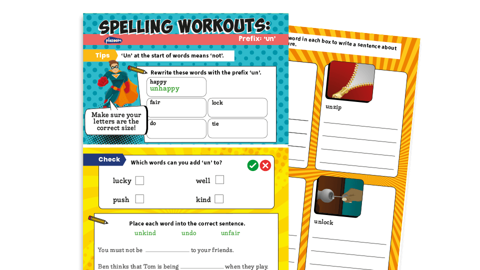 image of un- Prefix Year 2 Spelling Worksheets