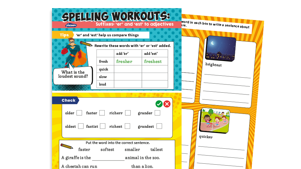image of  -er and -est Suffix Year 1 Spelling Worksheets