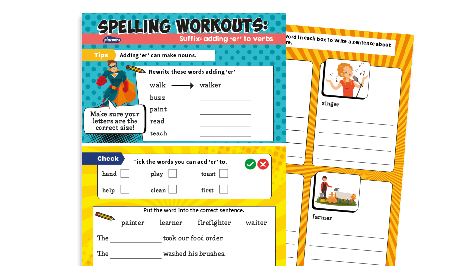 image of Adding -er to Verbs Year 1 Suffix Worksheet